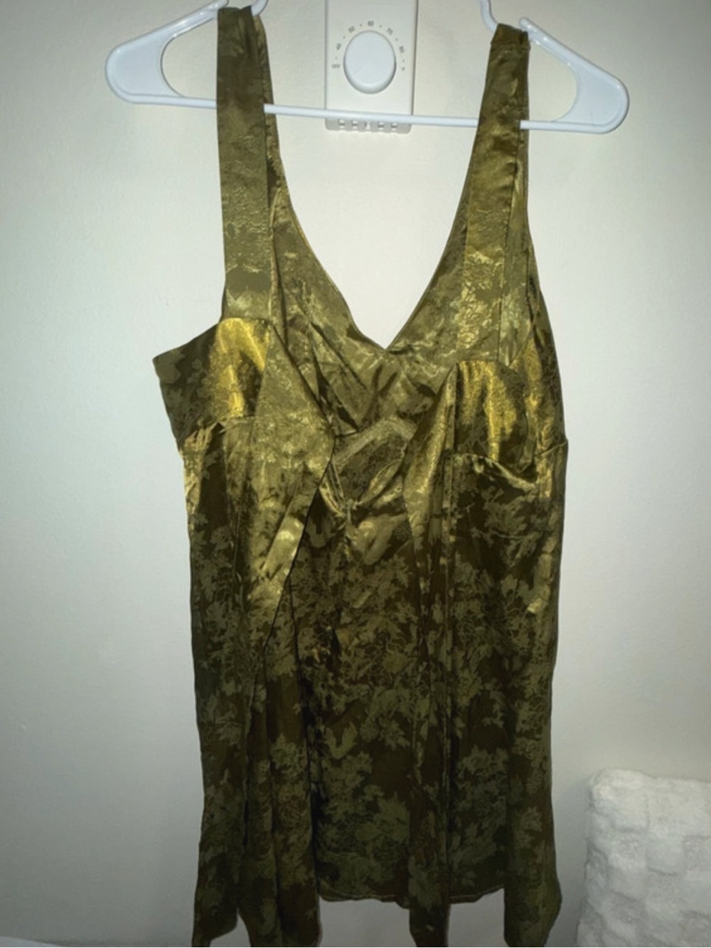 Cider Olive Green Satin Floral Jacquard Mini Dress